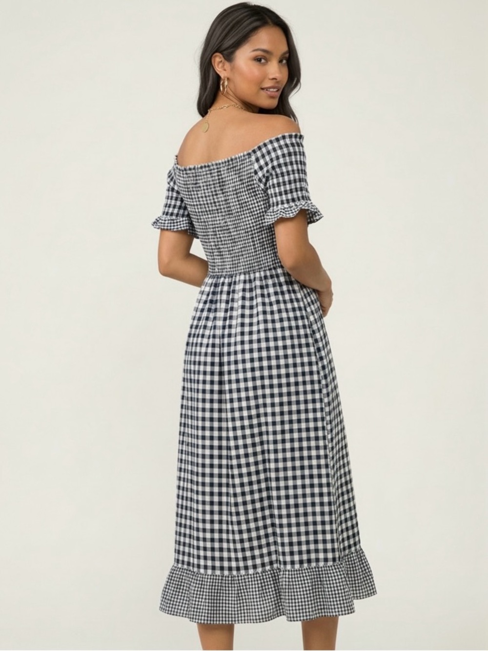 POL Navy Smocked Gingham Midi Dress | Off Shoulder Checkered Dress Cottage - Picture 7 of 8